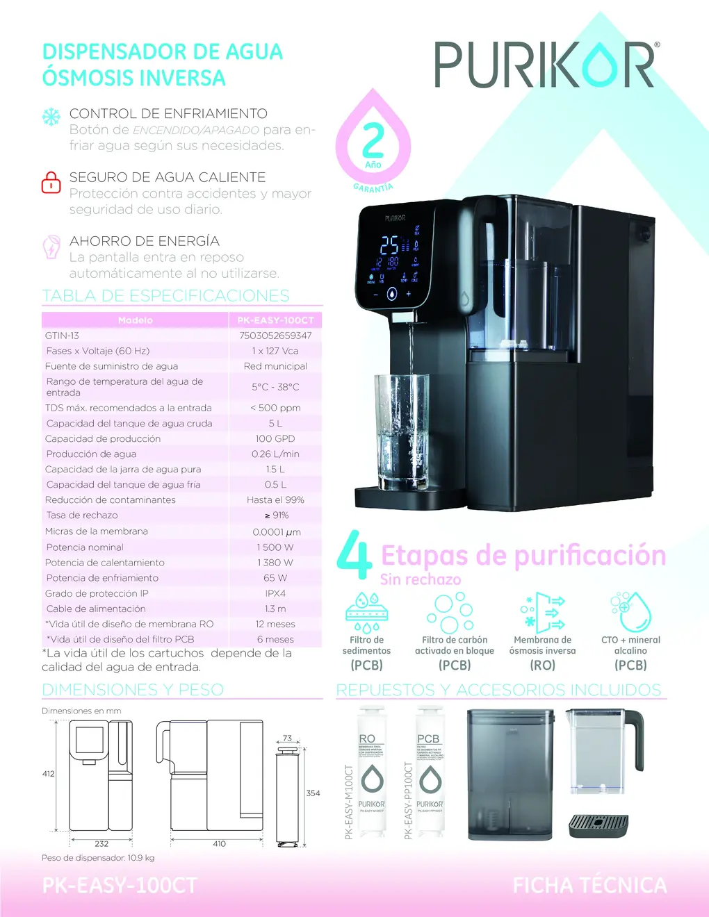 Dispensador de agua con ósmosis inversa PK-EASY-100CT